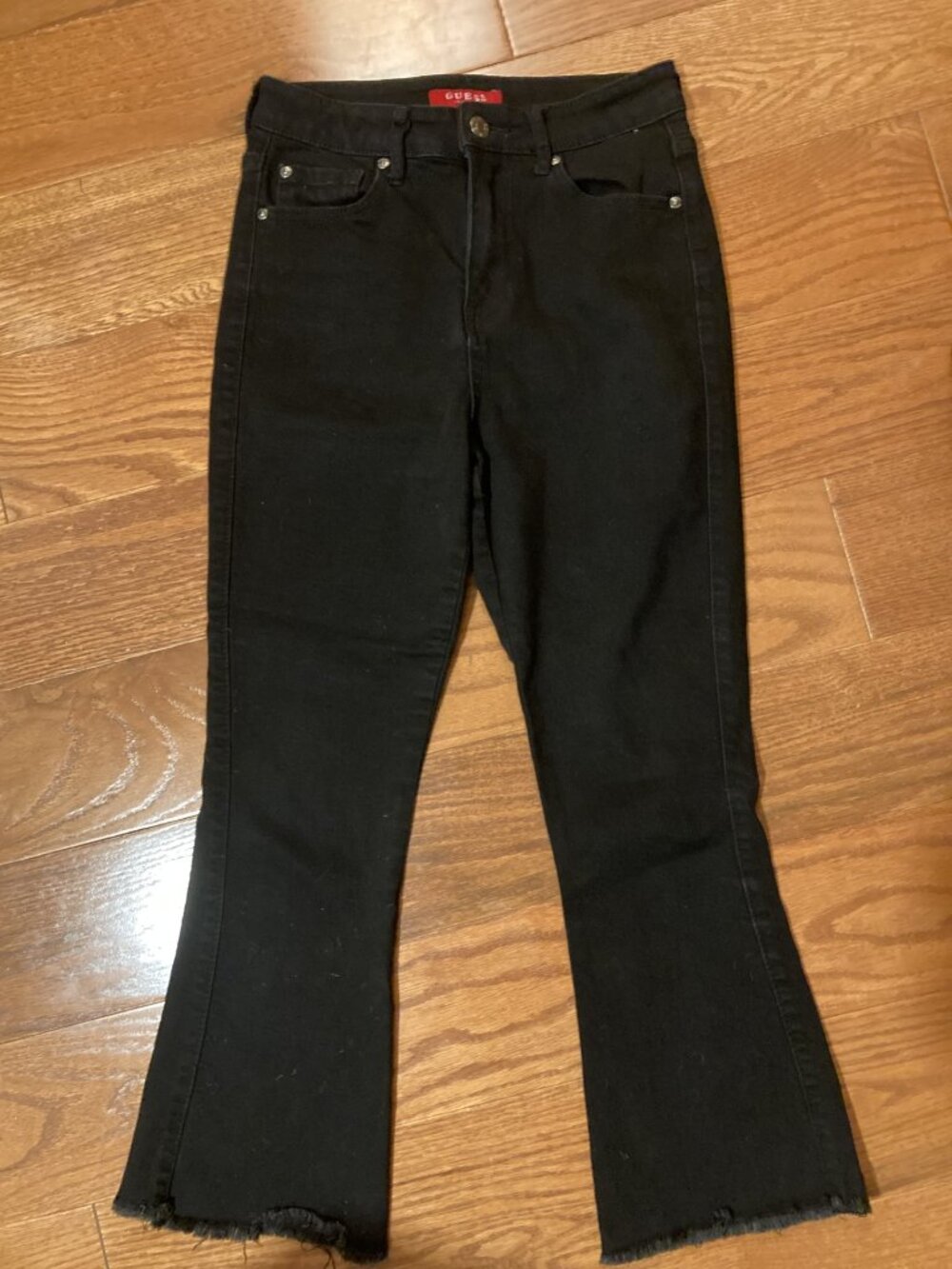 Guess black cropped, raw hem Jeans
